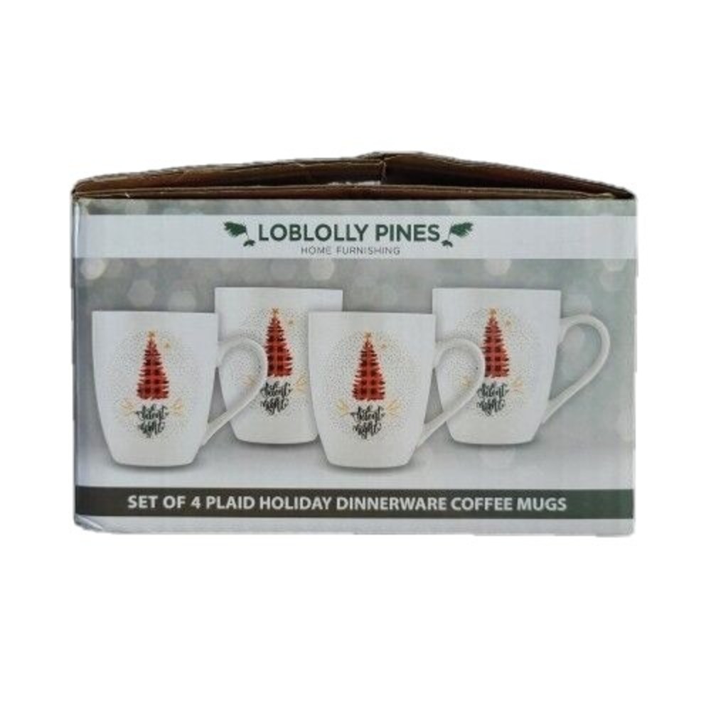Loblolly Pines Plaid Holiday Dinnerware Mugs "Silent Night"Set of 4 (New in Box)
